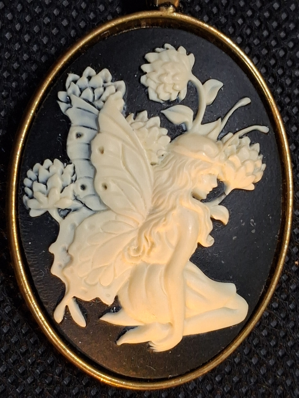 Vintage Ivory Fairy Cameo Pendant on Black Oval